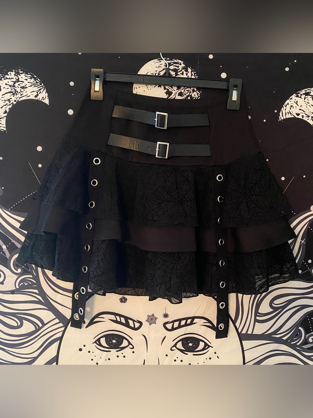 Black Goth Alternative Emo Layered Patterned Detailed Mini Skirt